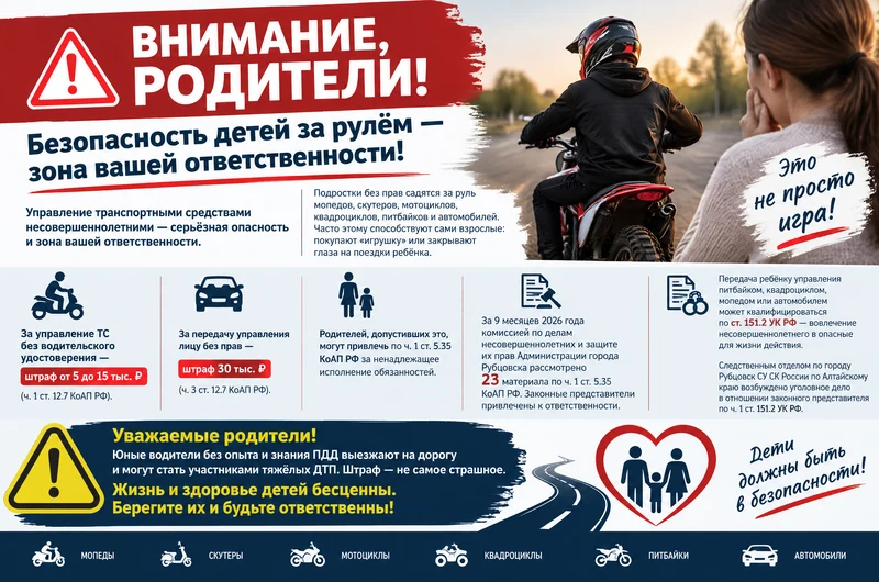 Внимание, родители! Управление транспортными средствами несовершеннолетними -серьёзная опасность и зона вашей ответственности
