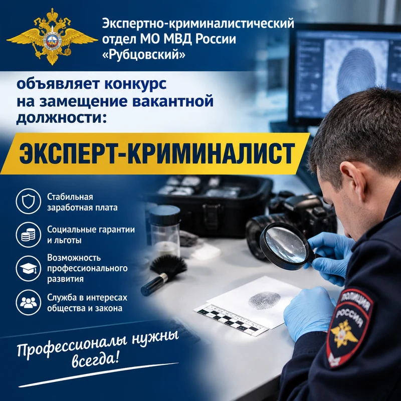 Экспертно-криминалистический отдел МО МВД России «Рубцовский» объявляет конкурс на замещение вакантной должности: ЭКСПЕРТ-КРИМИНАЛИСТ