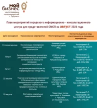 План мероприятий городского информационно - консультационного центра для представителей СМСП на август 2026 года